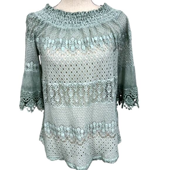 "SCANDAL" ITALY,Sage Lace Shirt, Cottage Core,Fairy,Flare Sleeves,Feminine - Picture 1 of 9
